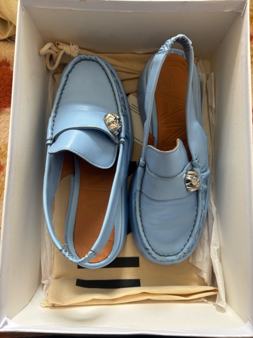 Ganni Powder Blue Leather Slingback Loafers with Silver Accent